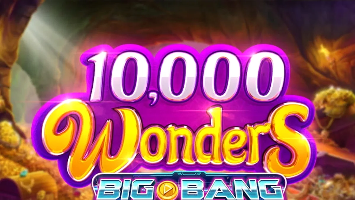 Captura de tela do jogo de slot online 10,000 Wonders Big Bang da ReelPlay, mostrando seis rolos e um tema cósmico ou de tesouros em um cenário de arena.